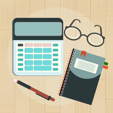 Hesap makinesi ve office öğeleri gerçekçi arka plan üzerinde düz tasarım
