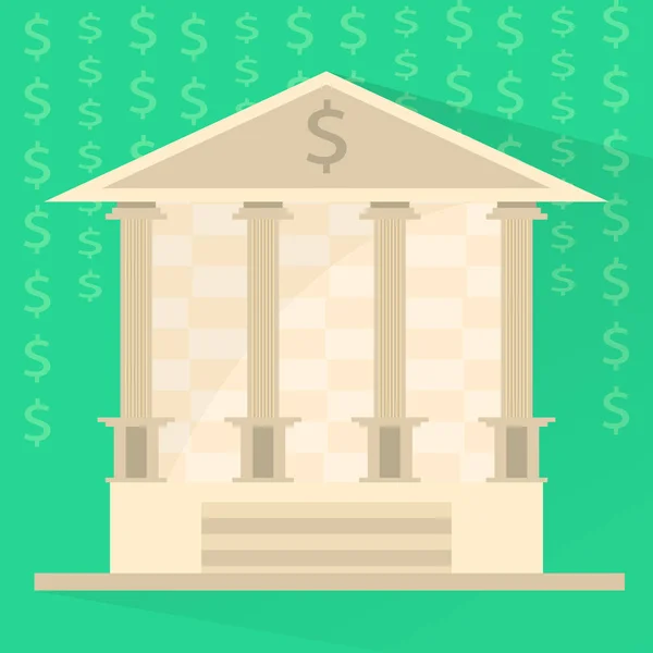 Icono del edificio del banco en fondo verde con signos de dólar — Vector de stock