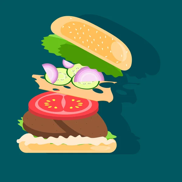 Burger with vegetables and cutlet — Stock Vector