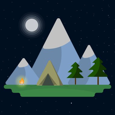 Geceleri dağ, çadır ay ve kamp ateşi kamp 