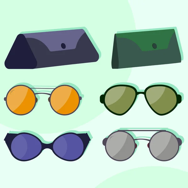 Vector sunglasses and cases modern isolated objects on green background — Stock Vector