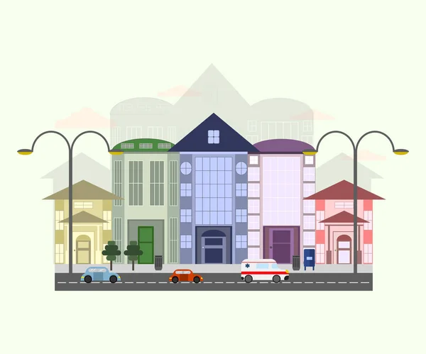 Городской пейзаж с транспортом в плоском дизайне. Иллюстрация красочных домов . — стоковый вектор