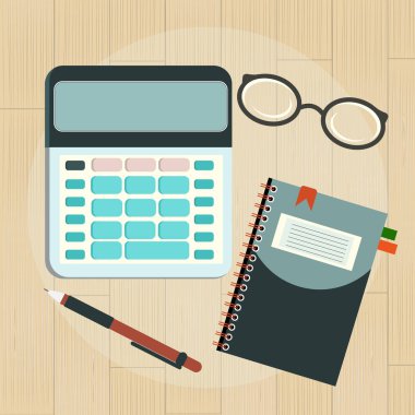 Vektör hesap makinesi, gözlük ve gerçekçi ahşap arka plan üstünde defter 