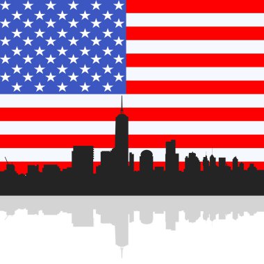 Manhattan siluetinin siluet Birleşik Devlet Amerika bayrağı arka plan üzerinde