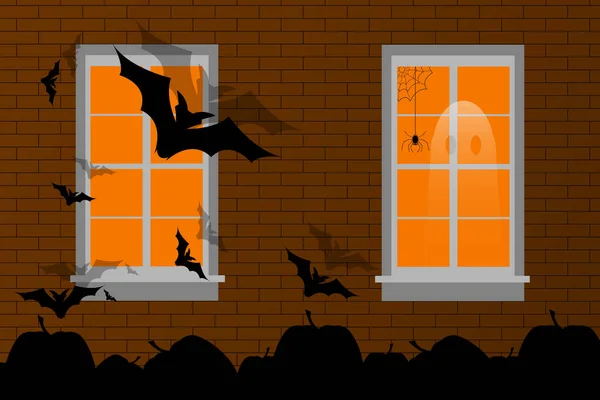 Vector background with halloween scene, brick wall with windows at night, with bats and pumpkins — Stock Vector