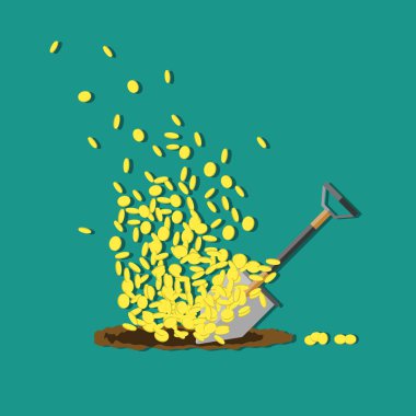  Altın kazma kürek vektör yeşil arka plan üzerinde paralar. İzole nesneleri.
