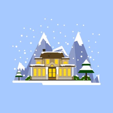 Kış Illustration. Güzel bir ev Dağları ile