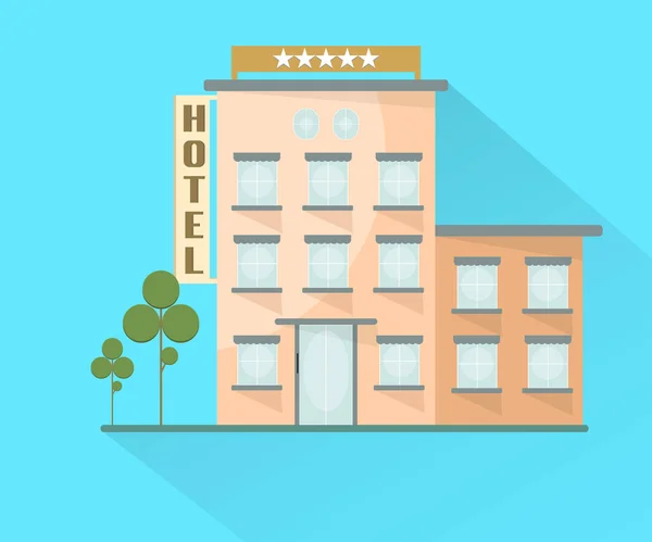 Cinco estrelas ícone do hotel objetos de design plano no fundo azul com árvores e queda de sombra —  Vetores de Stock