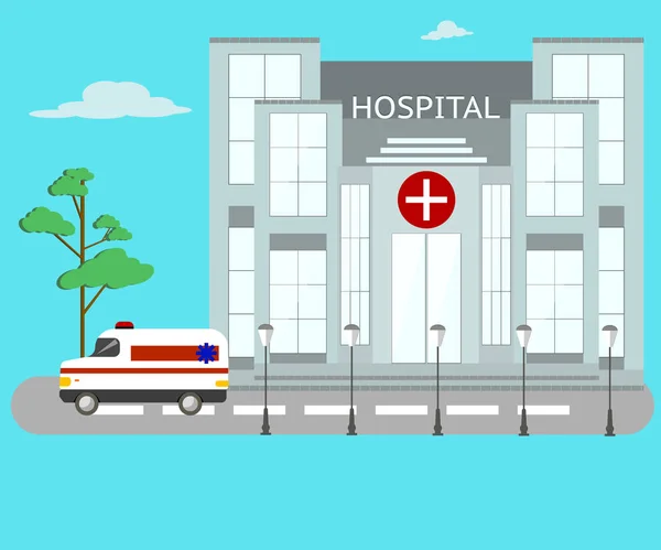 Edificio hospitalario con coche ambulancia objetos de diseño plano sobre fondo azul con árboles y nubes — Vector de stock