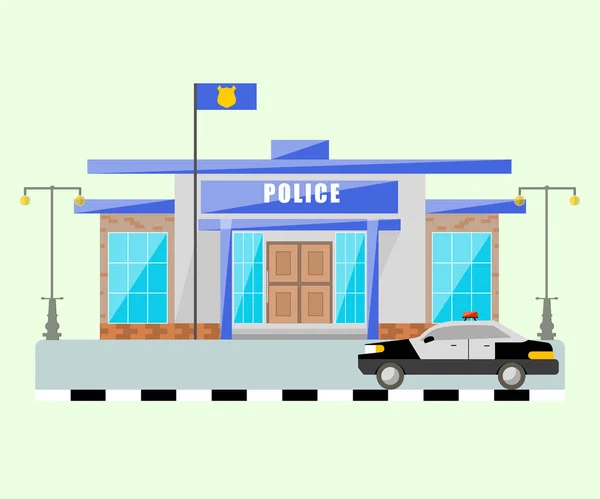 Police station building with police car flat design objects on green background — Stock Vector