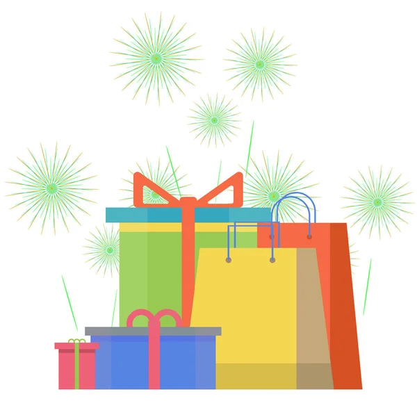 Colorful gift boxes on background with fireworks