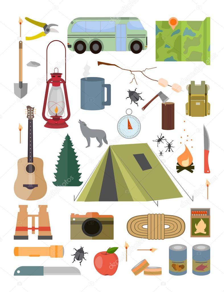 Camping set vector objects. Large set of camping and hiking collection.