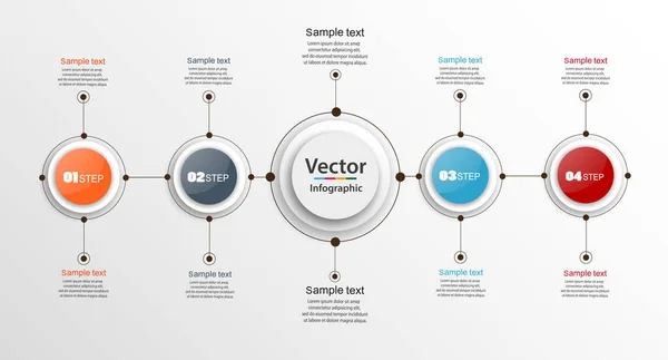 Four steps infographics with colorful circles. Can be used for workflow layout, diagram, business step options, banner, web design. Vector Eps 10 Stock Illustration