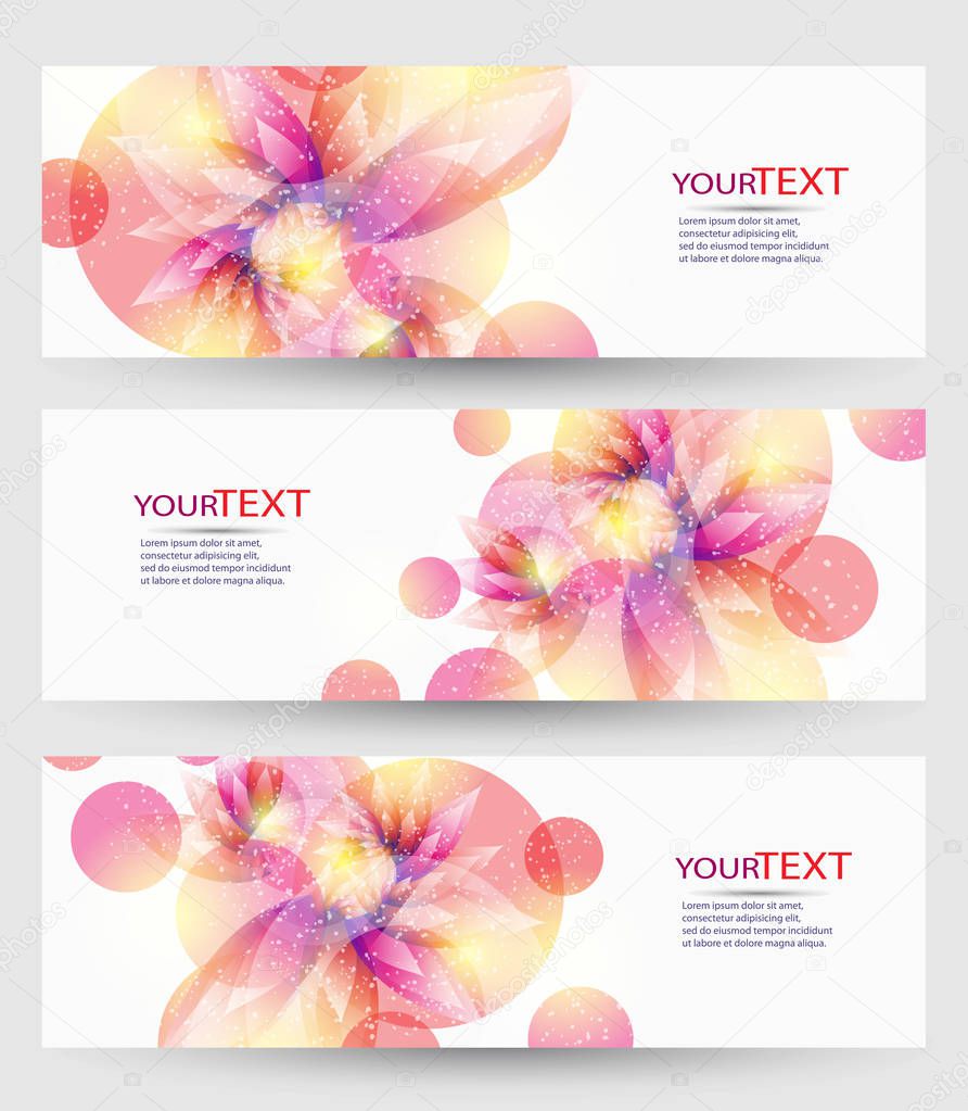 Set of three banners, abstract headers, with colorful floral elements and place for your text. Vector eps 10