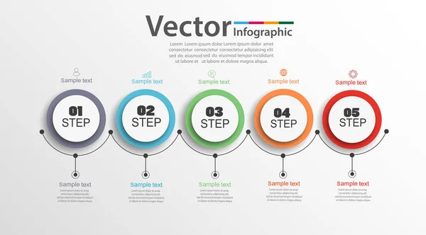 Renkli daireler ile beş adım infographics. Kullanılabilir iş akışı düzeni, diyagram, iş adım seçenekleri, banner, web tasarım için. Vektör Eps 10