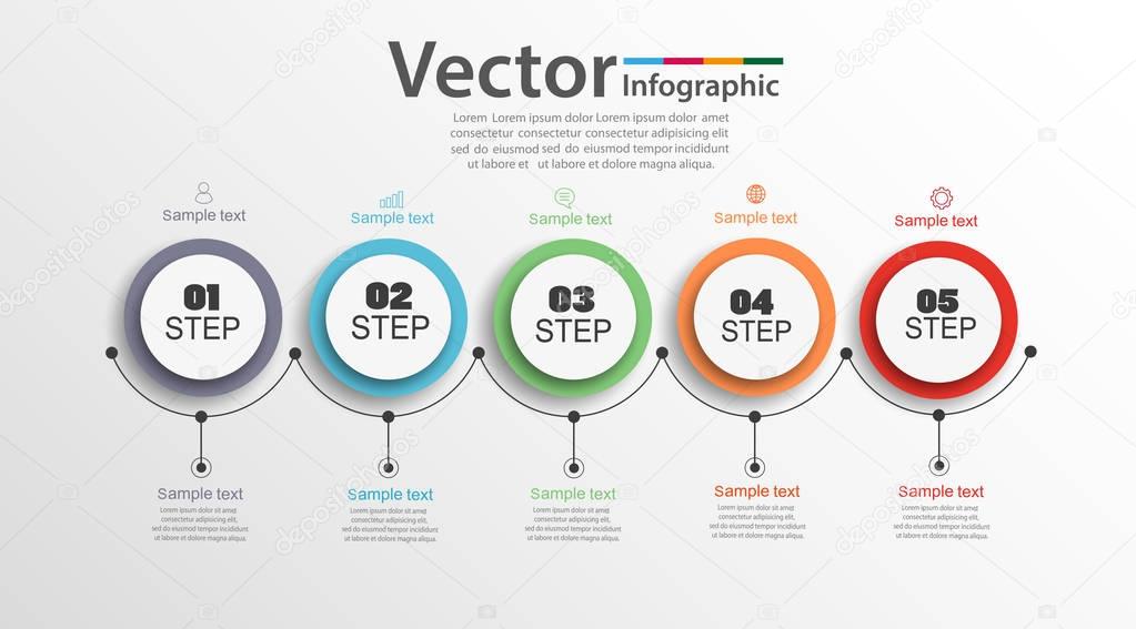 Five steps infographics with colorful circles. Can be used for workflow layout, diagram, business step options, banner, web design. Vector Eps 10