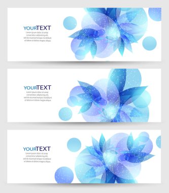 Üç afiş, mavi çiçek elemanları ile soyut üstbilgileri ayarla ve metninizi için yerleştirin. Vektör eps 10