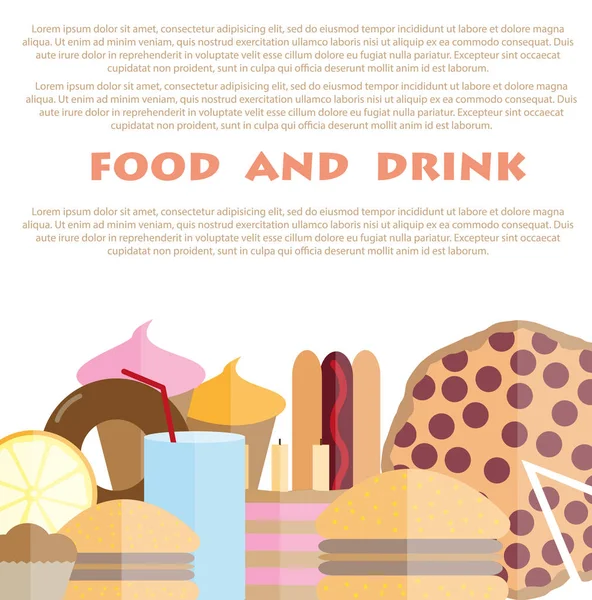 Des icônes. Symboles de restauration rapide. Pizza, hamburgers, boissons, glaces, beignets. Aliments riches en calories . — Image vectorielle