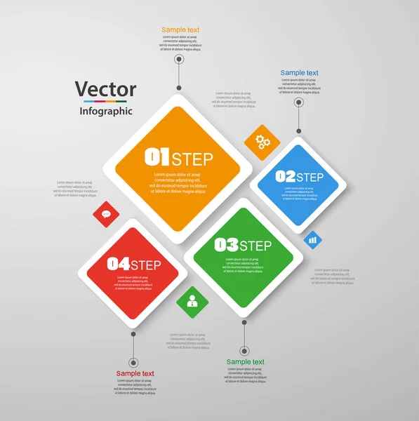 Infographie en quatre étapes avec des carrés colorés. Diagramme vectoriel, diagramme, graphique avec étapes, options, pièces, processus avec des éléments carrés. Entreprise vectorielle. Eps 10 — Image vectorielle