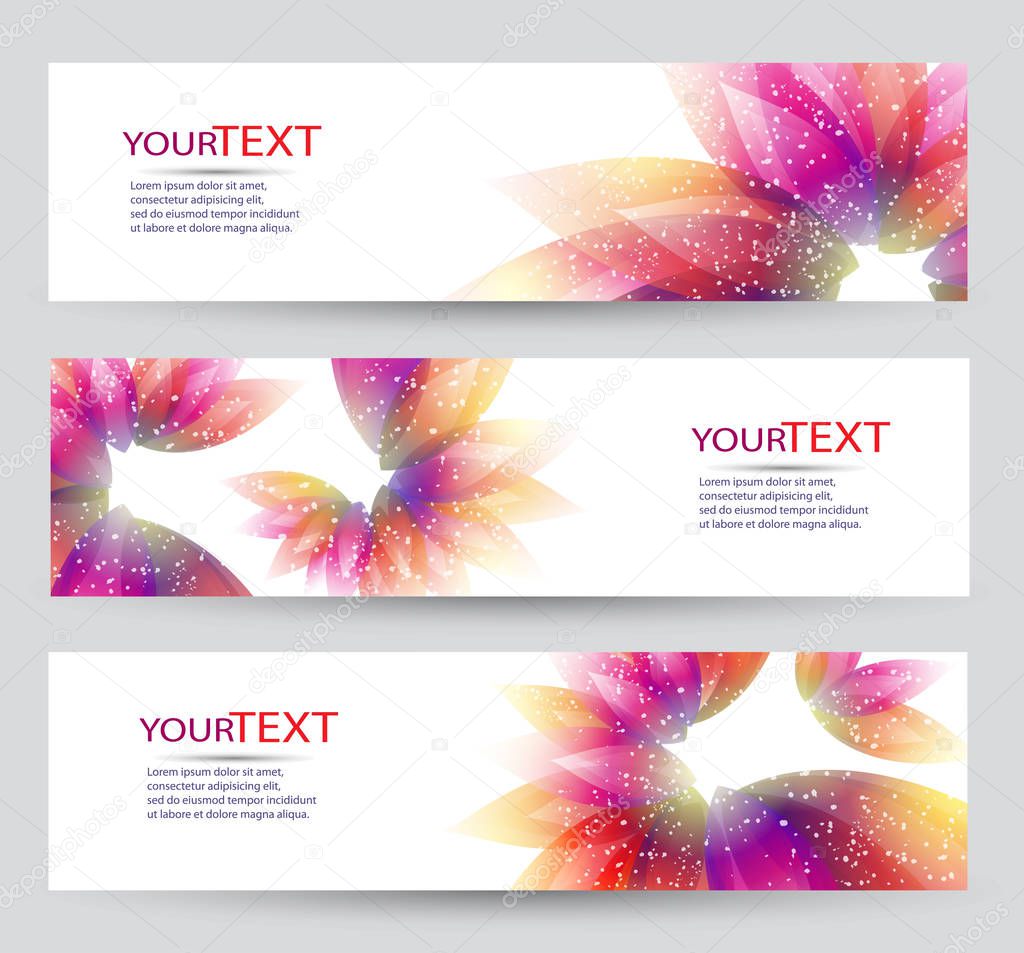 Set of three banners, abstract headers, with  floral elements and flowers. Vector eps 10