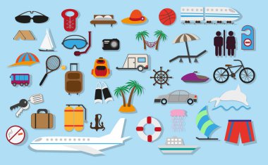 Seyahat ve yaz tatil, turizm ve yolculuk düz vektör simgeleri