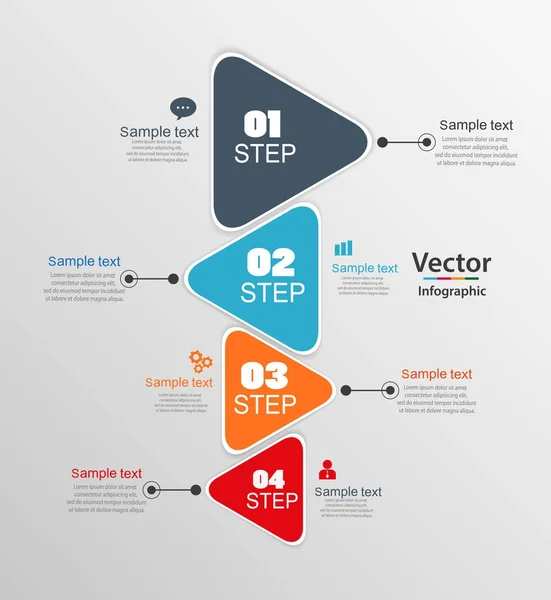 Modelo infográfico de elementos triangulares. Conceito de negócio com 4 opções, passos, peças, segmentos. Banner vetorial para web, infográficos de linha do tempo, layout de fluxo de trabalho, diagrama, gráfico, relatório anual — Vetor de Stock