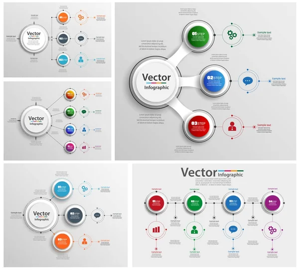 Colecția de infografice colorate poate fi utilizată pentru aspectul fluxului de lucru, diagramă, opțiuni de număr, design web. Conceptul de afaceri infografic cu opțiuni, piese, pași sau procese. Vector Eps 10 — Vector de stoc