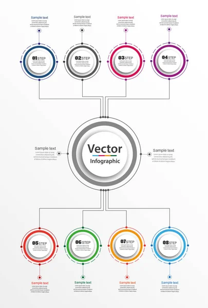 İş veri görselleştirme. Grafik, diyagram 8 adımlar, seçenekleri, parçalar veya işlemlerin soyut unsurları. Renkli daireler ile adımları infographics. Sunum için vektör eps10 şablon