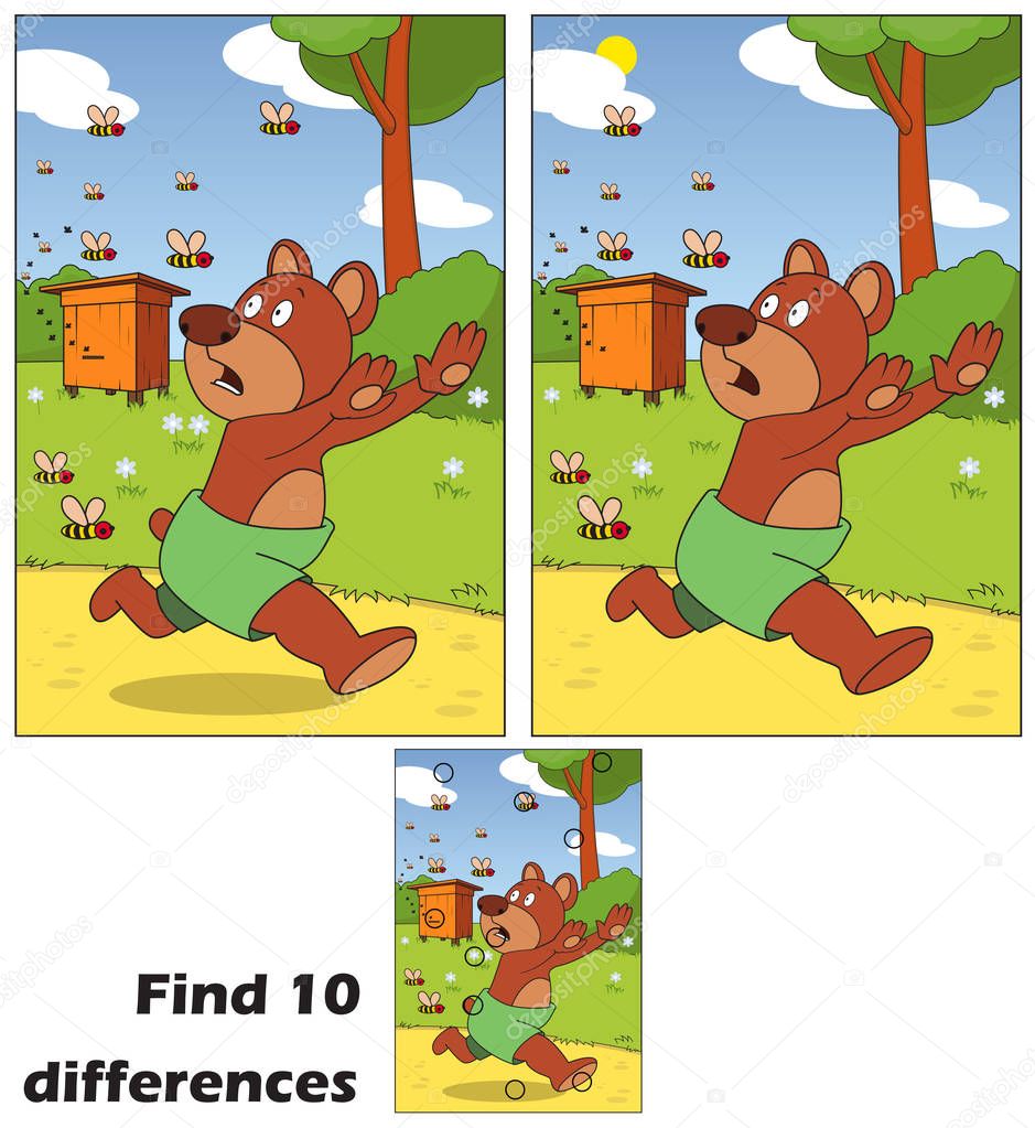 The bear runs away from the bees.Find 10 differences. Educational game for children. Cartoon vector illustration. Eps 10