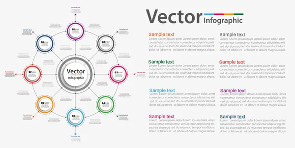 Infographic tasarım şablonu daireler ile. 8 seçeneği ile iş kavramı. İçerik, diyagram, akış şeması, adımları, parçalar, zaman çizelgesi infographics, iş akışı düzen, grafik, illüstrasyon için. Vektör eps 10