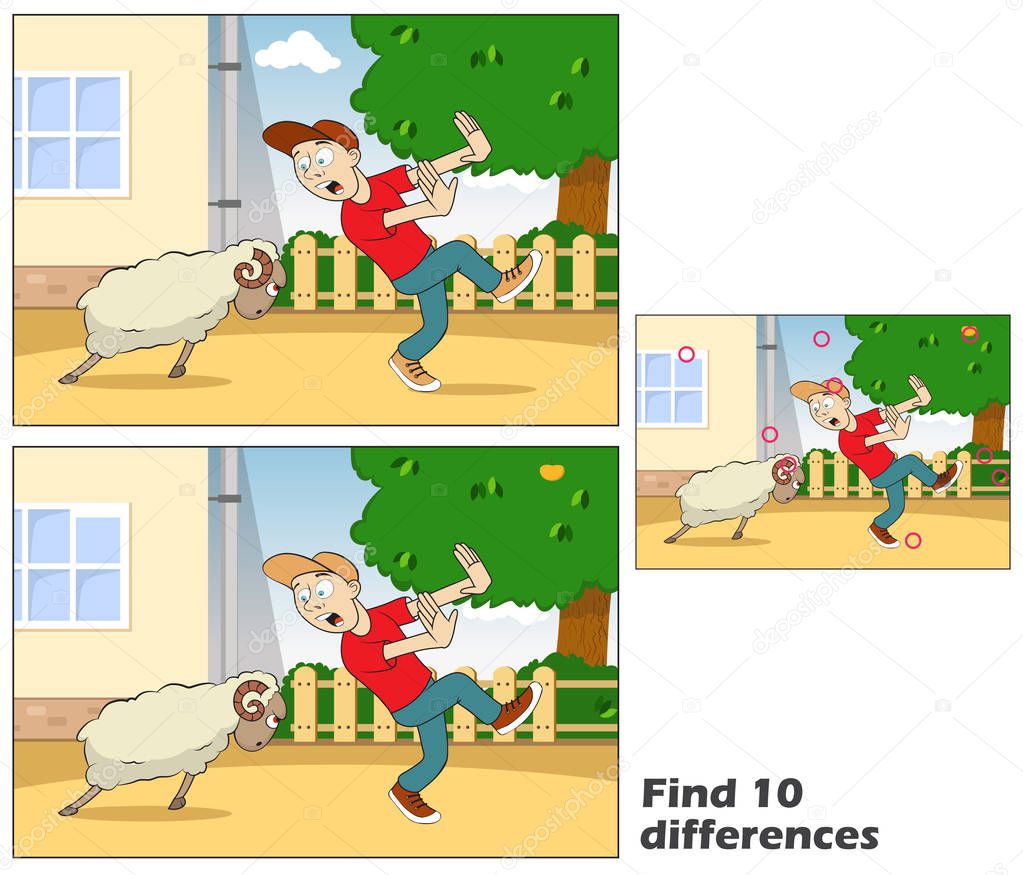 Young man runs away from a ram. Find 10 differences. Educational game for children. Cartoon vector illustration. Eps 10