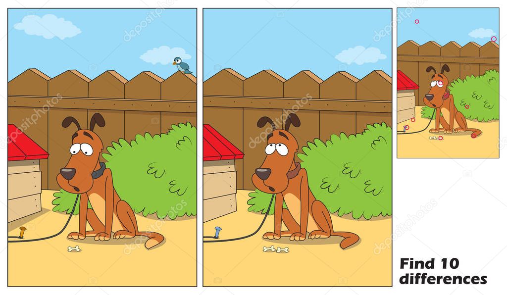 Lovely  dog sitting near the booth. Find 10 differences. Educational game for children. Cartoon vector illustration. Eps 10