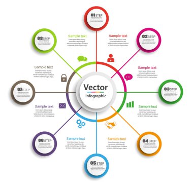 Infographic tasarım şablonu daireler ile. 8 seçeneği ile iş kavramı. İçerik, diyagram, akış şeması, adımları, parçalar, zaman çizelgesi infographics, iş akışı düzen, grafik, illüstrasyon için. Vektör eps 10