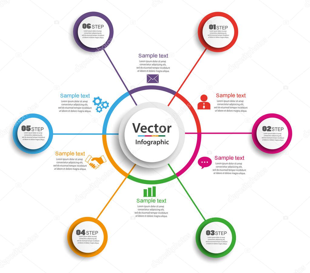 Infographic design template with circles. Business concept with 6 options. For content, diagram, flowchart,steps, parts,timeline infographics, workflow layout,chart,illustration. Vector eps 10