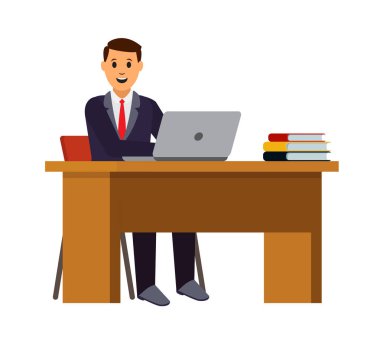 Dizüstü bilgisayarda çalışan genç adam. Office masanın arkasında oturan işadamı. Vektör düz çizim. EPS 10