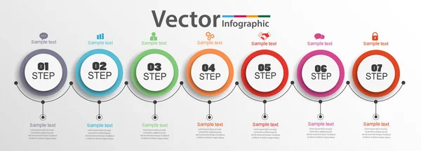 Renkli daireler ile yedi adım infographics. Kullanılabilir iş akışı düzeni, diyagram, iş adım seçenekleri, banner, web tasarım için. Vektör Eps 10