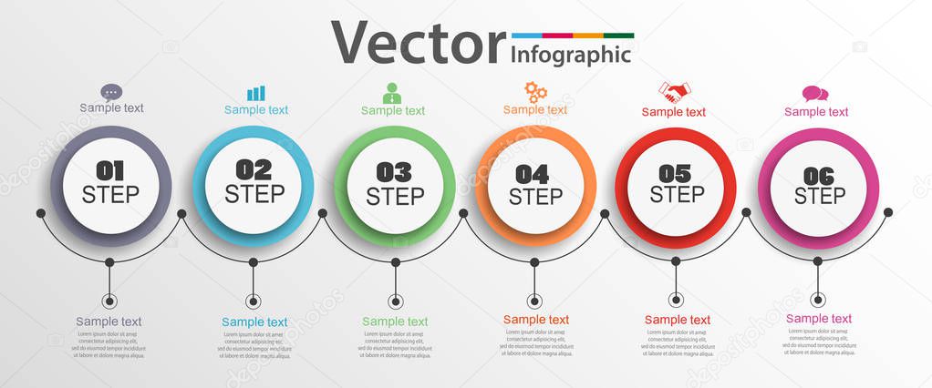 Six steps infographics with colorful circles. Can be used for workflow layout, diagram, business step options, banner, web design. Vector Eps 10