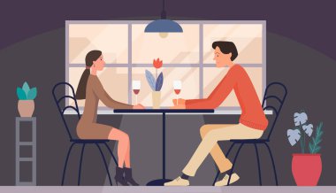 Restoranda buluşan kadın ve erkek. Aşk çiftiyle tanışma. Çizgi film karakteri tasarımı. Düz vektör illüstrasyonu 
