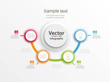 Renkli daireler ve 4 basamaklı soyut bilgi istatistikleri seçenekleri şablonu. Çalışma düzeni, diyagram, iş seçenekleri, afiş, web tasarımı için kullanılabilir. Vektör Eps 10