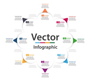 Yuvarlak kağıt, beyaz okları ve işaretleri olan iş bilgileri. Renkli dairesel elementleri ve basamakları olan yuvarlak çizelge. Sunum için düz bilgi tasarım şablonu, afiş