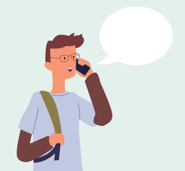 Genç adam bir konuşma baloncuğuyla cep telefonunu kullanarak konuşuyor. Çizgi film karakteri tasarımı. Düz vektör illüstrasyonu 10