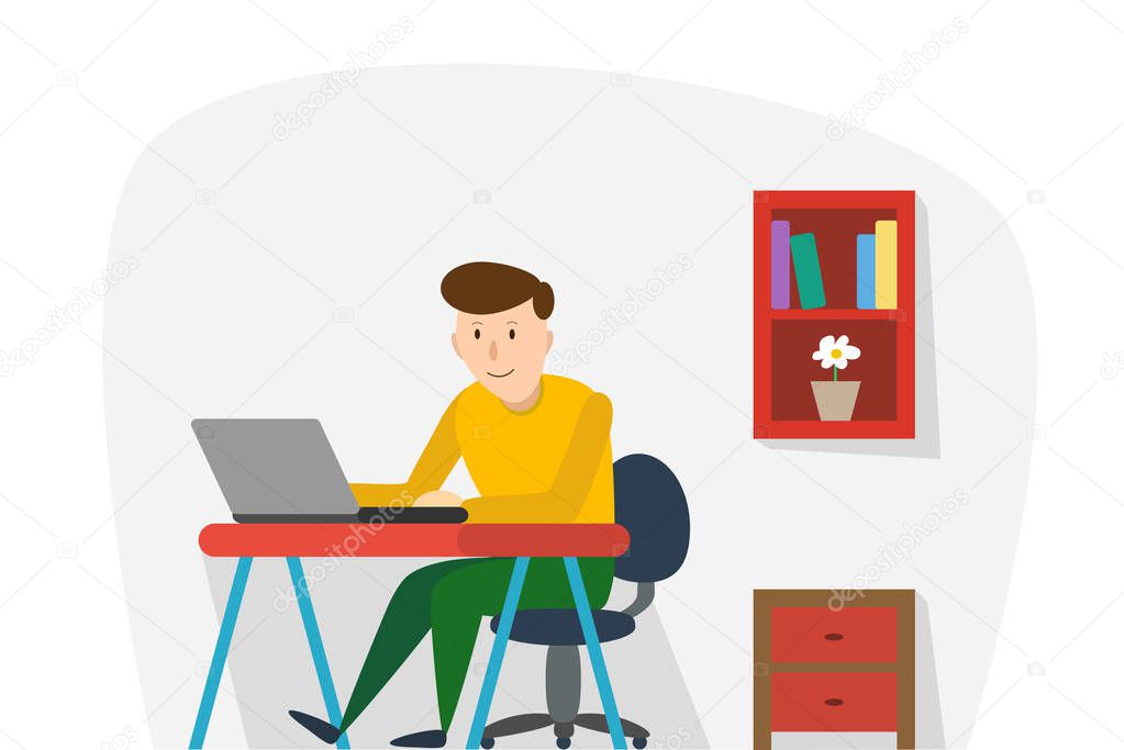 Young man working with laptop. Vector Template Design Illustration