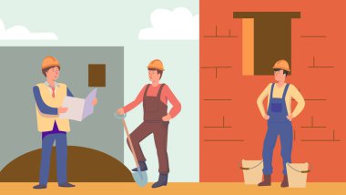 Foreman inşaatçılara talimat verir. İnşaat konsepti. Düz vektör illüstrasyonu 10