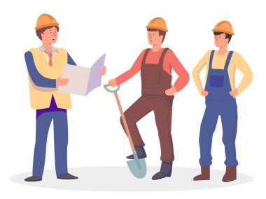 Foreman inşaatçılara talimat verir. Düz vektör çizgi çizimi 10 birim