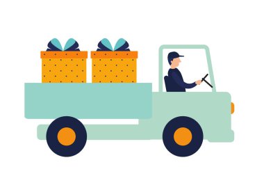 Hediye kutularıyla kamyon süren genç bir adam. Basit düz vektör illüstrasyonu 10
