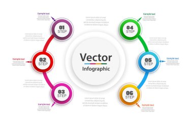 Renkli daireler ve 6 basamaklı soyut bilgi istatistikleri seçenekleri şablonu. İş akışı düzeni, diyagram, iş seçenekleri, afiş, web tasarımı için kullanılabilir