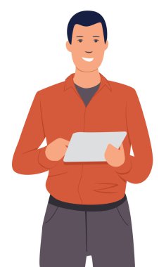 Kendine güveni olan mutlu bir adam tablet bilgisayar kullanıyor. Beyaz arka planda tek başına duran bir iş adamı tablet bilgisayar kullanarak el hareketi yapıyor. Çizgi film karakteri tasarımı. Düz vektör illüstrasyonu 