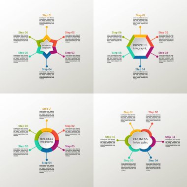 Vektör Infographic ayarlayın. İş diyagramları, grafikler yuvarlak, sunumlar ve grafikler. Daire. Yıldız. Bulut. Altıgen