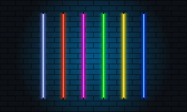 Spazzole al neon impostate. Set di oggetti luminosi colorati su sfondo scuro. — Vettoriale Stock