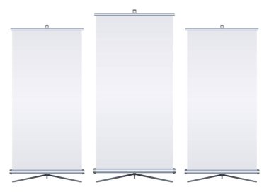 Beyaz arka plan üzerinde izole boş roll-up banner. Ayarlayın. Tasarım şablonu tasarımcıları için boş. Flipchart eğitim veya tanıtım sunumu için. Dikey. Vektör çizim Eps 10